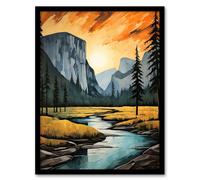 Artery8 Yosemite National Park Vibrant Artwork Sunset Over El Capitan Art Print Framed Poster Wall Decor in Black | Size: W12" x H16" Artery8 Black W12" x H16"