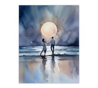 Wall Art Print You Me And The Full Moon Watercolour Painting Orange Blue Couple Dancing Under A Full Moon In A Serene Coastal Landscape Romantic Bedro Artery8 Blue W18 inch x H24 inch