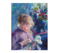 Artery8 Young Woman Sewing Renoir Vintage Wall Art Print Poster in Blue | Size: W24" x H32" Artery8 Blue W24" x H32"