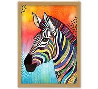 Artery8 Zebra Folk Art Bright Multicoloured Artwork Framed Wall Art Print A4
