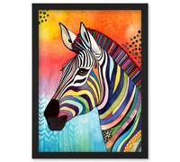 Artery8 Zebra Folk Art Bright Multicoloured Artwork Framed Wall Art Print A4 in Black Artery8 Black
