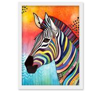 Zebra Folk Art Bright Multicoloured Artwork Framed Wall Art Print A4 Artery8 White One Size