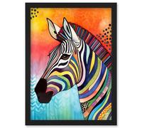 Artery8 Zebra Folk Art Bright Multicoloured Wall Art Print - A4 Size