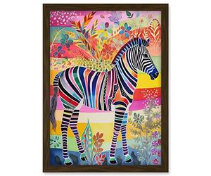 Artery8 Zebra Rainbow Floral Abstract Folk Art Artwork Framed A3 Wall Art Print
