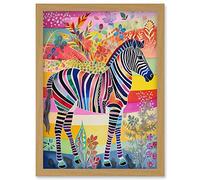 Zebra Rainbow Floral Abstract Folk Art Artwork Framed Wall Art Print A4 Artery8 Light Oak One Size