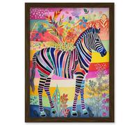 Zebra Rainbow Floral Abstract Folk Art Artwork Framed Wall Art Print A4 Artery8 Brown One Size