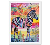 Zebra Rainbow Floral Abstract Folk Art Artwork Framed Wall Art Print A4 Artery8 White One Size