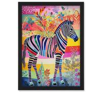 Artery8 Zebra Rainbow Floral Abstract Folk Art Wall Art Print - A4 Size