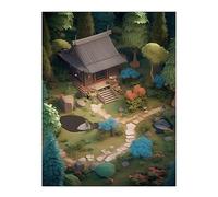 Artery8 Zen Garden Painting Birds-eye View of Shrubs and Ponds in Serene Japanese Yard with Tea House Extra Large XL Wall Art Poster Print