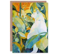 Artery8 Zen Pet White Cat Lover Garden Leaves Painting Birthday Art Card in Green Artery8 Green