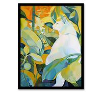 Zen Pet White Cat Lover Garden Leaves Painting Framed Art Print Artery8 Green A4