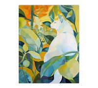 Artery8 Zen Pet White Cat Lover Garden Leaves Painting Wall Art Print in Green | Size: W12" x H16" Artery8 Green W12" x H16"