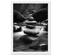 Artery8 Zen Stacking Stones in River Black and White Photo Artwork Framed Wall Art Print A4