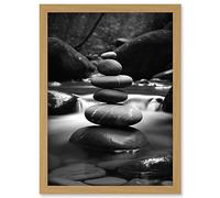 Artery8 Zen Stacking Stones in River Black and White Photo Artwork Framed Wall Art Print A4
