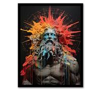 Artery8 Zeus God of Thunder Greek Mythology Conceptual Artwork Orange Pink Blue on Black Olympus God Crown Halo Mixed Media Artwork Framed Wall Art Print A4