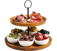 Artesà 2 Tier Tapas and Food Serving Stand, Food Display with 6 Mini Porcelain Bowls, Wooden and Hand Finished Cake Stand in Gift Box, 24 x 25cm, Brown & Black