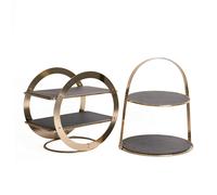 Artesà 2pc Serving Set with 2-Tier Geometric Brass Serving Stand and 2-Tier Brass Cake Stand with Slate Serving Platters - Black - Slate with Metal Body - Serving Stands
