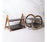 Artesà 2pc Serving Set with 2-Tier Geometric Brass Serving Stand with Slate Serving Platters and 2-Tier Slate & Wood Serving Stand - Black - Slate with Metal Body - Serving Stands