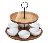 Artesà 2 Tier Tapas and Food Serving Stand, Food Display with 6 Mini Porcelain Bowls, Wooden and Hand Finished Cake Stand in Gift Box, 24 x 25cm, Brown & Black, Wood