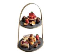 2 Tier Serving Stand Slate Platters Brass Coloured Buffet Dessert Artesa