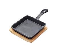 Artesà Mini Frying Pan with Wooden Serving Board in Gift Box, Square, Cast Iron, 16 x 24.5 cm, Black/Beige