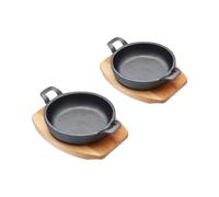 Artesà Miniature Cast Iron Casseroles with Wooden Serving BoardsArtesà Miniature Cast Iron Casseroles with Wooden Serving Boards, 2pc Shallow Pot Style Oven Proof Skillets, for Gratin, Tapas, Set of 2