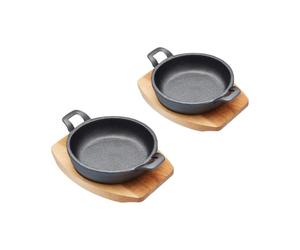 Artesà Miniature Cast Iron Casseroles with Wooden Serving BoardsArtesà Miniature Cast Iron Casseroles with Wooden Serving Boards, 2pc Shallow Pot Style Oven Proof Skillets, for Gratin, Tapas, Set of 2