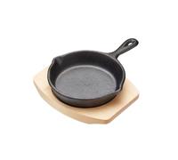 Artesà Small Frying Pan, Cast Iron, Non Stick, with Wooden Serving Board, Grill Pan Sizzle Skillet with Stand, for Fajitas, BBQ, Omelette, Tapas and Desserts, 11cm diameter, Black