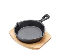 Artesa Mini cast iron frying pan with wooden serving board, grill pan broiler with stand for fajitas, BBQ, omelette, tapas and desserts, 15 x 3 x 20 cm - round, black