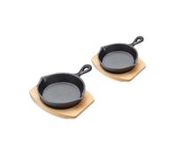 Artesà Small Frying Pans, Cast Iron, Non Stick, with Wooden Serving Boards, 2pc Grill Pan Sizzle Skillets with Stands, Set of 2, for Fajitas, BBQ, Omelette, Tapas and Desserts, 13cm