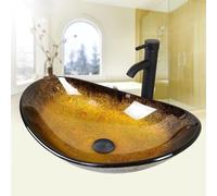 ARTETHYS Bathroom Sink, Countertop Wash Basin, Glass Vessel Washing Bowl Set with Tap, Cabinet Counter Top Sink with Faucet Pop-up Drain and Water Pipe for Vanity Cabinet Cloakroom, Oval Gold