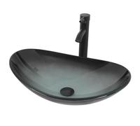 ARTETHYS Bathroom Sink, Countertop Wash Basin, Glass Vessel Washing Bowl Set with Tap, Cabinet Counter Top Sink with Faucet Pop-up Drain and Water Pipe for Vanity Cabinet Cloakroom, Slate Grey