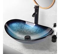 ARTETHYS Bathroom Sink, Countertop Wash Basin, Glass Vessel Washing Bowl Set with Tap, Cabinet Counter Top Sink with Faucet Pop-up Drain and Water Pipe for Vanity Cabinet Cloakroom, Oval Blue