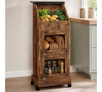 ARTETHYS Bread Bin, Wooden Bread Bins for Kitchen, Storage Trolley on Wheel | 3 Tier Potato Vegetable Storage Unit with Drop Down Mesh Doors, Mobile Bread Box Fruit Trolley Cabinet for Pantry, Brown