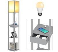 ARTETHYS Floor Lamp with Shelves, Standing Lamp with 2 USB Charging Ports | LED Bulb, Drawer, Tall Lamps for Living Room, Modern Standard Wooden Lamp for Bedroom, Home Office, Grey