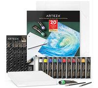 ARTEZA Acrylic Painting Art Set, 12 Colors Acrylic Paint, 15 Detail Brushes and 7x8.6 Inches Foldable Canvas Paper Pad Bundle, Art Supplies for Artists & Hobby Painters