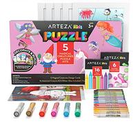 Arteza Kids Jigsaw Puzzle Kit, 5 Magical Creatures Puzzles, 16 Crayons, 6 Tubes of Glitter Glue, 5 Frames, DIY and Screen-Free Kids’ Activities for Ages 3 and Up