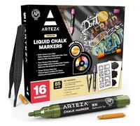 ARTEZA Liquid Chalk Pens, 16 Pastel Colours, Pack Includes 50 Chalkboard Labels, 16 Replaceable Tips, 1 pc Tweezers, 2 Sticky Stencils, Water-Soluble Chalk Pens for Blackboards and Windows