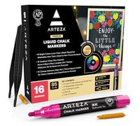 ARTEZA Liquid Chalk Pens, 16 Unique Colours: 50 Chalkboard Labels, 16 Replaceable Tips, Tweezers, and 2 Sticky Stencils, for Blackboards, Windows