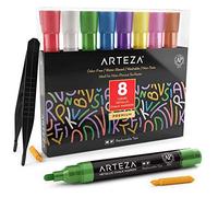 ARTEZA Liquid Chalk Pens, 8 Metallic Colours, 8 Replaceable Chisel Tips, Tweezers, 50 Chalkboard Labels, 2 Sticky Stencils, for Blackboards & Windows