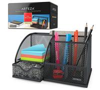 Arteza Metal Mesh Desk Organiser with Drawer, Black 6-Compartment Multi-Functional Desk Tidy for Office Supplies & Accessories Like Pens, Pencils, Notes, Staplers & Scissors