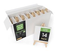 ARTEZA Mini Canvases with Easels 10.16 x 10.16 cm, Pack of 14, 100% Cotton Small Stretched Canvas & Solid Pine Wood Easel, Art Supplies for Painting Parties, Crafts, & Classrooms
