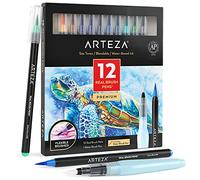 ARTEZA Real Brush Pens, Set of 12, Sea Tones, Blendable Watercolor Markers and 1 Water Brush, Art Supplies for School, Home, and Office