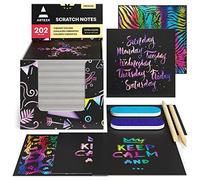 ARTEZA Scratch Paper Notes, Set of 202 Sheets, 3.5"x3.5" inches 200 Rainbow Notes & 2 Space Patterned Notes, Include 2 Scratchers, 2 Sharpeners, Art & Craft DIY Projects