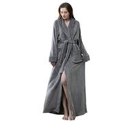 Artfasion Womens Long Fleece Robe - Warm Soft Floor Length Flannel Bathrobes for Winter Thicker Long House Coat with Pockets, Grey, 4XL/5XL