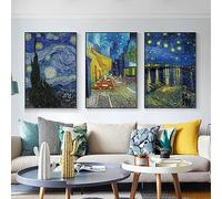 ARTFEB 3 Piece Canvas Wall Art,Classic Van Gogh Artwork Painting Reproduction,Starry Night Over The Rhone Cafe Terrace At Night Giclee Canvas Prints Wall Art for Home Office Decor(Blue, 16" X 24" X 3