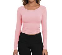 Artfish Women's Casual Basic Ribbed T-Shirts Slim Fitted Boat Neck Long Sleeve Crop Top, Dusty Pink, XL