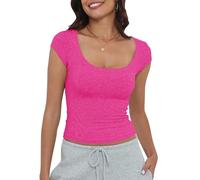 Artfish Women's Short Sleeve T-Shirts Low Scoop Neck Slim Fitted Ribbed Knit Casual Longer Crop Top, Hot Pink, M