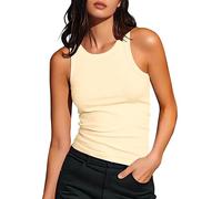 Artfish Women's Sleeveless Full Length Ribbed Fitted Racerback Workout Crew High Neck Basic Tank Top, Beige Apricot, S