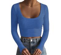 Artfish Women's Square Neck Long Sleeve Ribbed Slim Fitted Casual Basic Crop Top, Haze Blue, L